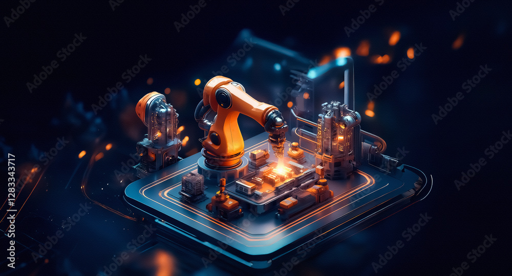 Poster futuristic robotic arm in a digital factory setting. orange robot interacts with machinery on a plat
