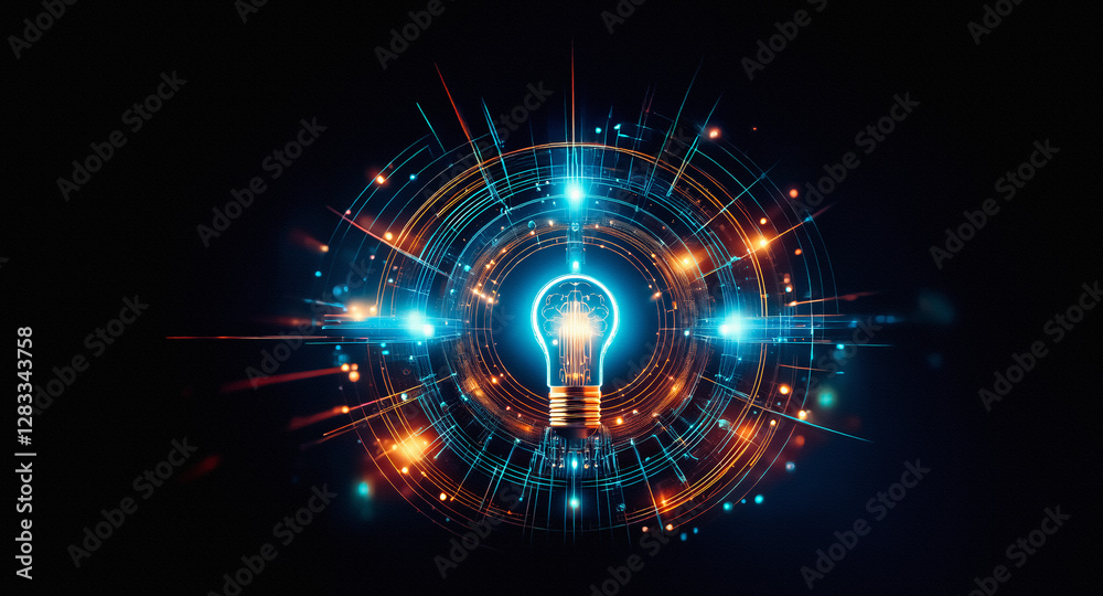 Aufkleber Abstract glowing light bulb at the center of a dark backdrop. Radiating lines and circles with blue and orange colors suggest innovation, energy, and technology.
