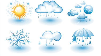 Obraz premium Weather forecast icons with sun, clouds, rain, snow and fog. Meteorology and climate symbols for winter and summer season. Signs of clear, cloudy, rainy, storm and snowy weather, 3d. 3D Illustration