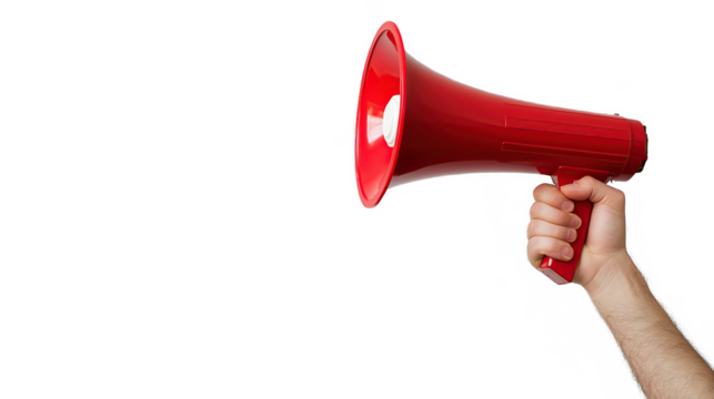 Red megaphone held by female hand isolated on transparent