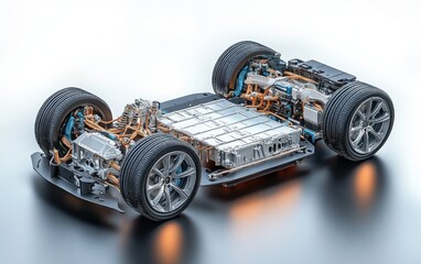 Electric Vehicle Chassis Detailed Digital Rendering with Advanced Components Design