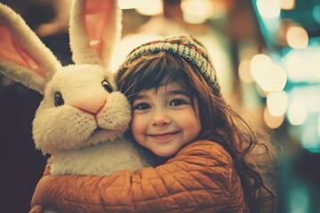 Fototapeta premium Child joyfully hugs a soft bunny toy while celebrating Easter with family at a festive spring gathering