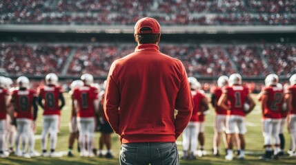 College stadium with a coach giving a halftime speech to the players. Featuring leadership and motivation
