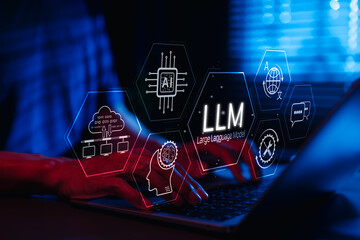 LLM Large Language Model and AI technology concept. Man working with LLM interface icons, artificial intelligence, deep learning, machine learning, natural language processing, Chat AI, Chatbot,