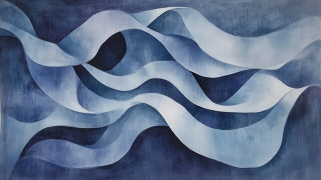 The painting is of a wave with a blue and white color scheme