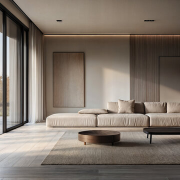 The image depicts a modern living room with a minimalist design. The space features a large beige sectional sofa, a wooden coffee table on a textured rug, and large windows with sheer curtains allowin