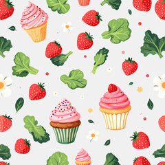 cupcakes with pink frosting and sprinkles, strawberries, and leaves, all set against a light gray background.