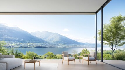 Fototapeta premium Modern Living Room with Scenic View of Lake and Mountains