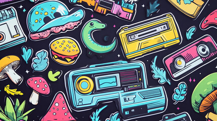 Obraz premium Retro colorful stickers, rave psychedelic icons with mushrooms, vintage cassette, pager, dinosaur, burger and infinity sign. Comic patches, vector cartoon set isolated on background