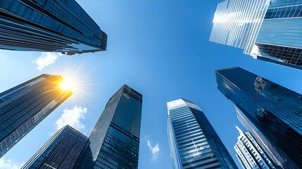 Modern Skyscrapers Reaching Toward Blue Sky With Intense Sunlight and City View