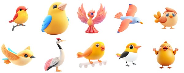 Cute Colorful Animated Bird Characters in Various Poses