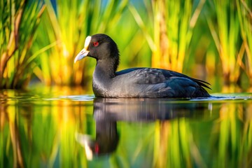 Bird's-eye view of Eurasian Coot navigating its marshland habitat; captivating wildlife photography.