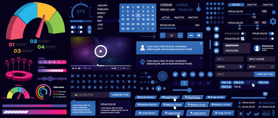 Fototapeta premium A set of UI components for mobile apps and websites. Includes buttons, panels, menus, sliders, and charts. Modern design for easy interaction, data management, and automation.