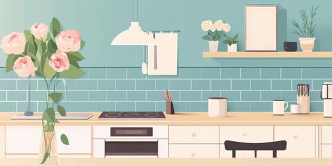 A kitchen with a blue tile backsplash and a white countertop