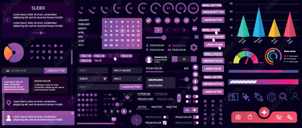 Poster a set of ui components for mobile apps and websites. includes buttons, panels, menus, sliders, and c