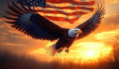 Obraz premium Bald Eagle Soaring with American Flag at Sunset - Patriotism and Freedom Icon