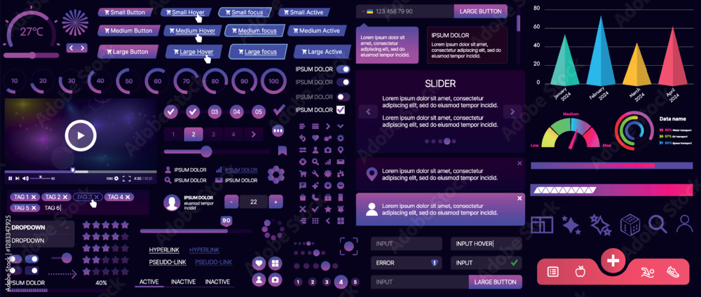 Poster a set of ui components for mobile apps and websites. includes buttons, panels, menus, sliders, and c