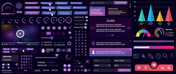 Naklejka premium A set of UI components for mobile apps and websites. Includes buttons, panels, menus, sliders, and charts. Modern design for easy interaction, data management, and automation.