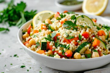 Colorful couscous salad with fresh vegetables. AI image
