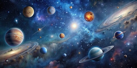 Obraz premium Starry Night Sky with Galaxies and Planets, celestial, astronomical objects