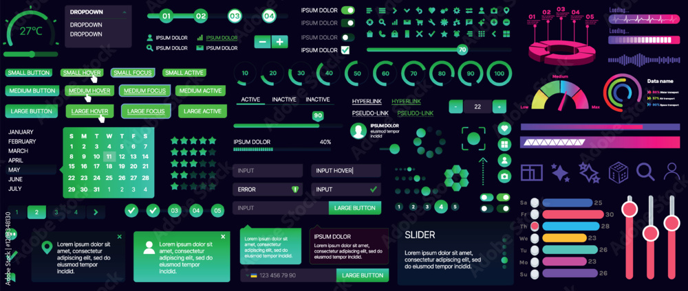 Poster a set of ui components for mobile apps and websites. includes buttons, panels, menus, sliders, and c