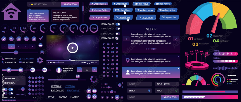 Poster a set of ui components for mobile apps and websites. includes buttons, panels, menus, sliders, and c