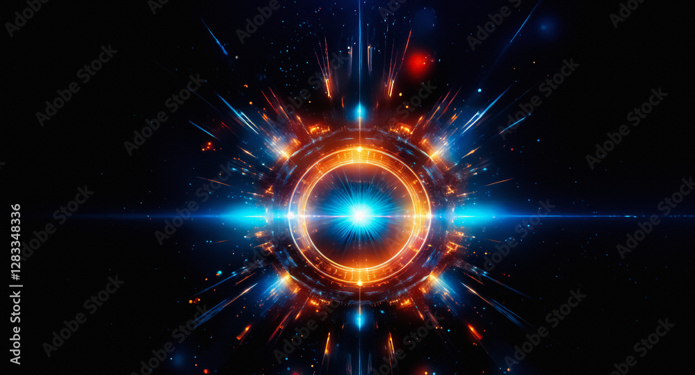 Aufkleber Abstract image features a central glowing circle with radiating lines in blue and orange hues against a dark backdrop, evoking a sense of energy and futuristic design.