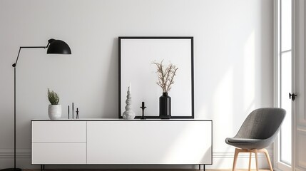 Minimalist Interior Design Mockup with Empty Frame and Modern Decor