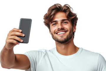 Smiling young man takes casual selfie