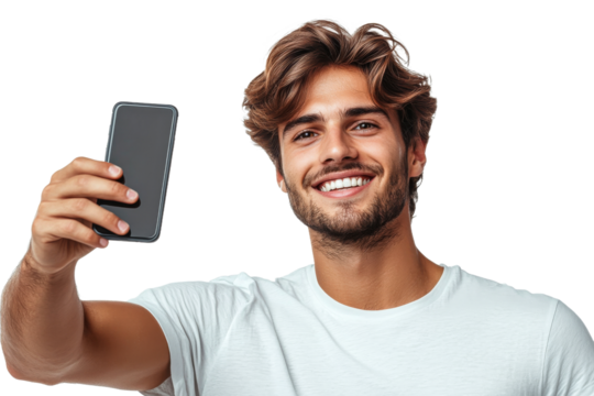 Smiling young man takes casual selfie