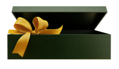 Elegant green gift box with golden ribbon, cut out