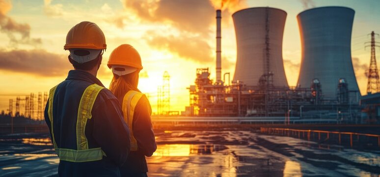 Nuclear Power Plant Workers in Helmets Overseeing Construction at Sunset