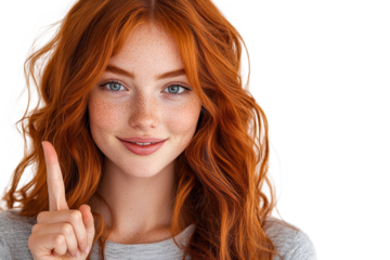 Smiling woman with red hair showing one finger