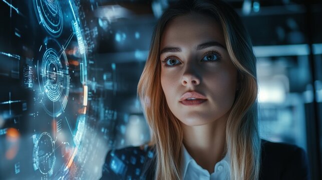 Confident Woman Presenting Risk Assessment Plan with Technology