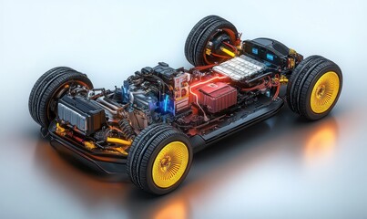 Electric Car Chassis Technical Illustration with Futuristic Components and Design