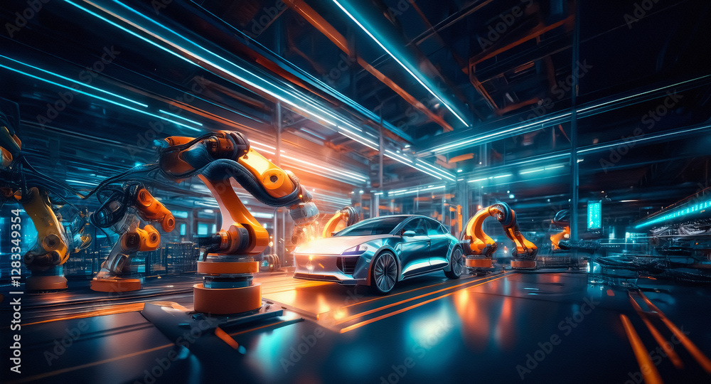 Leinwandbilder futuristic factory scene featuring robotic arms assembling a sleek car under vibrant neon lights. ad