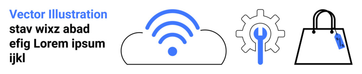 Cloud with wireless signal, gear with wrench, and shopping bag symbolize technology, e-commerce, setup, innovation, online shopping, digital solutions and accessibility. Ideal for tech business