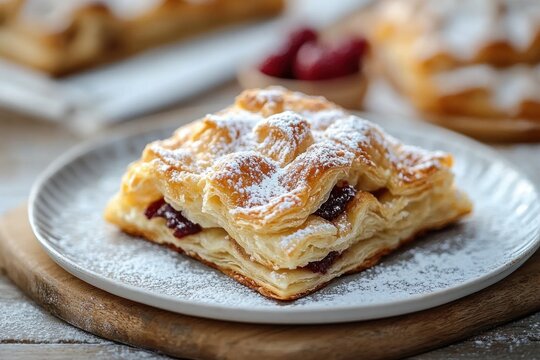 Pastry dessert with puff pastry strawberry jam caramelized apple filled and powdered sugar sprinkle