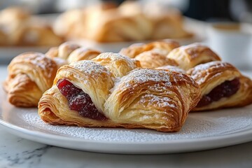 Freshly Baked Puff Pastry Pastries with Strawberry Jam and Caramelized Apples Topped with Powdered Sugar