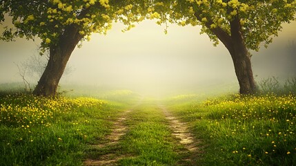 Naklejka premium Misty Morning Path Through a Yellow Flower Field
