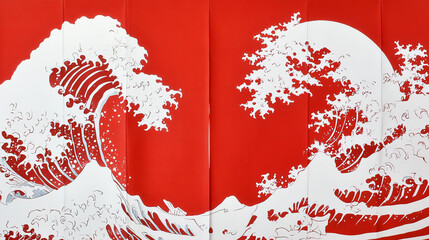 Japanese curtain set - red noren panels with white wave and sun pattern on mounting rods, traditional textile dividers. Oriental room decoration elements for sushi restaurant, asian interior design.