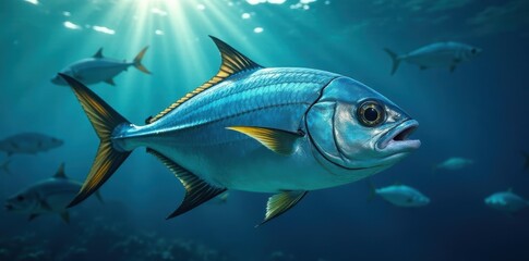 Fototapeta premium A shimmering, tightly packed school of bigeye trevally, flashing silver in the sunlight , marine life, hunting, jacks