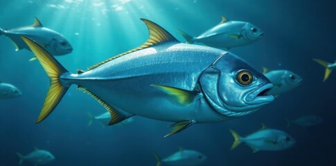 Fototapeta premium A shimmering, tightly packed school of bigeye trevally, flashing silver in the sunlight , school, trevally, coral