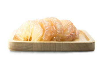 Group of fresh pomelo citrus fruit or grape fruit ,ready to eat,  in wooden tray isolated on white background, stack closed up, clipping path, ready to eat.