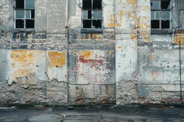 Naklejka premium Photo of White rotten wall of old abandoned industrial building. Background texture for backdrops or mapping
