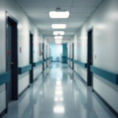 Obraz premium Blurred hospital hallway, sterile white walls, muted colors, hallway, medical equipment, bokeh