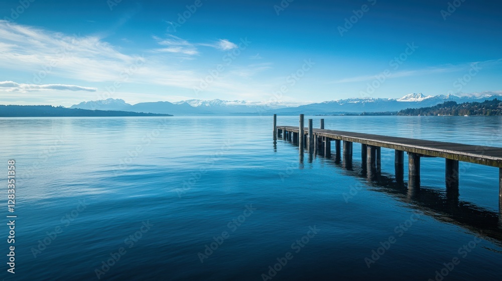 Poster tranquil lakeside view with a wooden dock reflecting mountains in the distance during midday under c