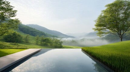 Fototapeta premium Tranquil Landscape with Reflection Pool and Misty Mountains in Background