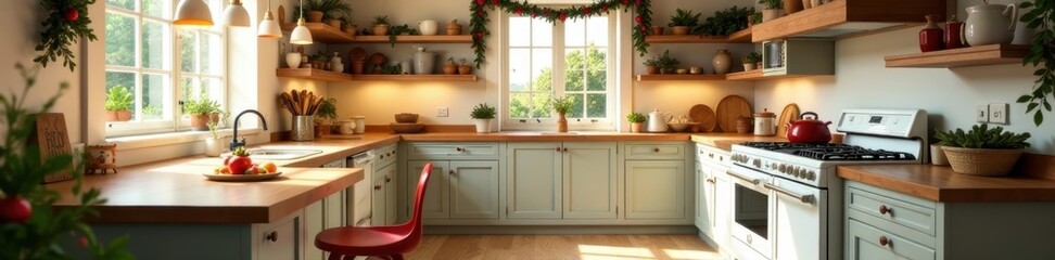 Bright, cheery bungalow kitchen, traditional holiday theme, interior, cozy