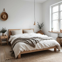 Scandinavian Minimalist Bedroom: A cozy, light-filled bedroom with a simple wooden bed, neutral bedding, and soft natural textures.
